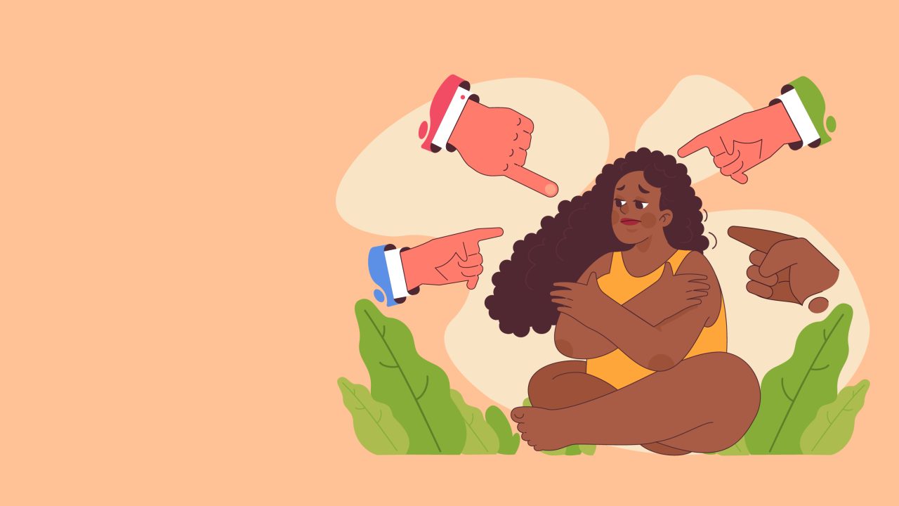 Illustrasjon av en jente som sitter og holder armene i kryss foran seg for å beskytte seg mot omverdenen. Mange hender peker på henne.