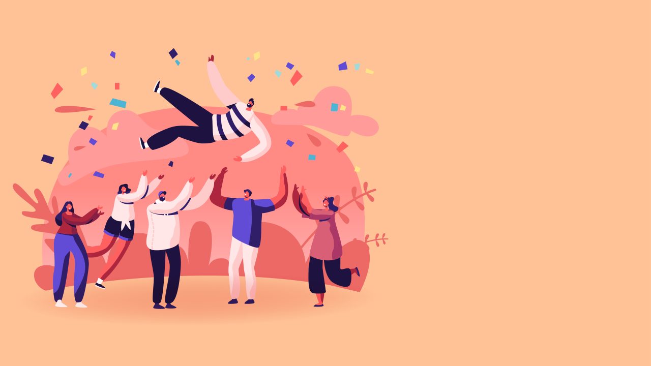 Illustrasjon av en person som blir kastet opp i luften av en vennegjeng.