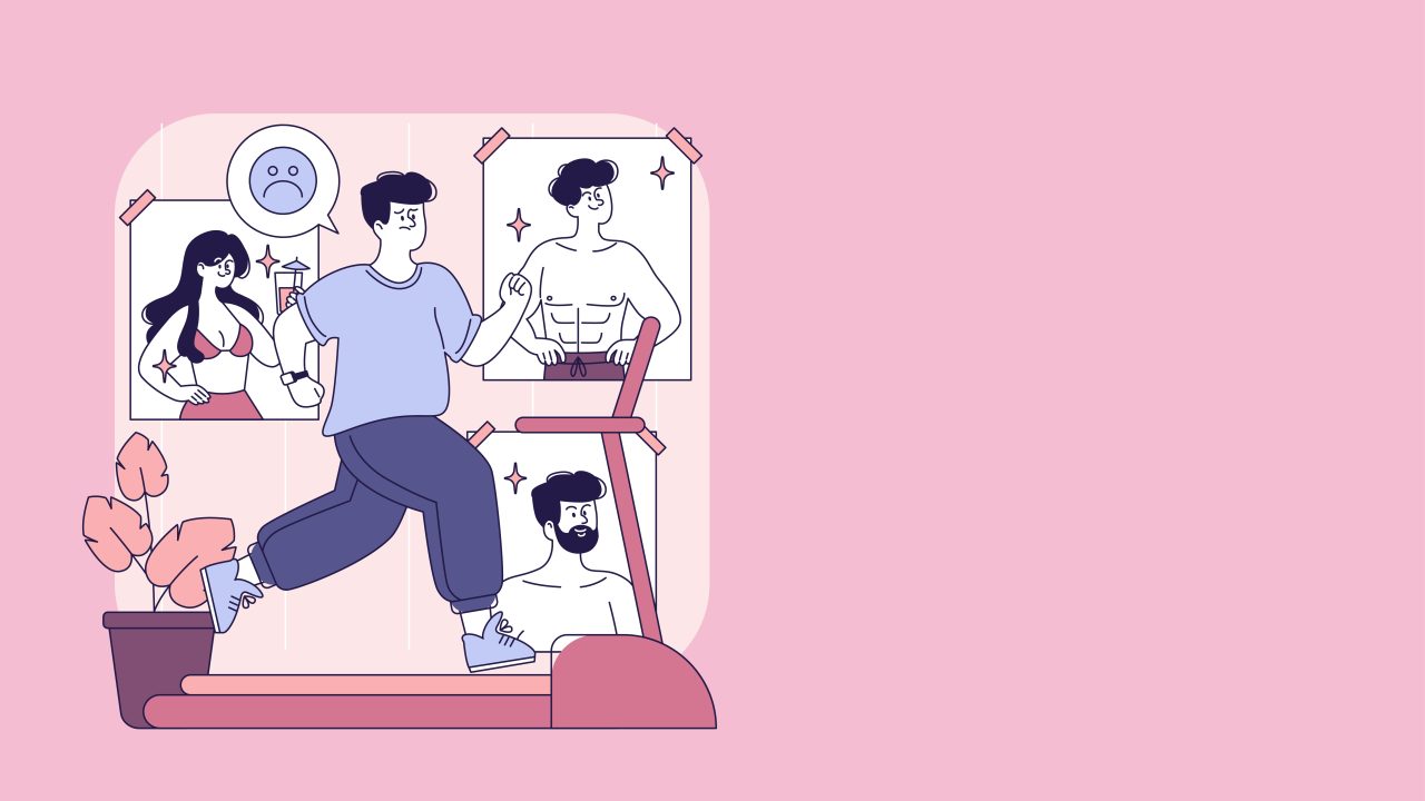 Illustrasjon av en misfornøyd gutt som løper på tredemølle med en snakkeboble som viser et surt fjes. Bak han ser man bilder av en veltrent mann i bar overkropp, en mann med hår og skjegg også i bar overkropp og en veltrent dame i bikini med en paraplydrink i hånden.