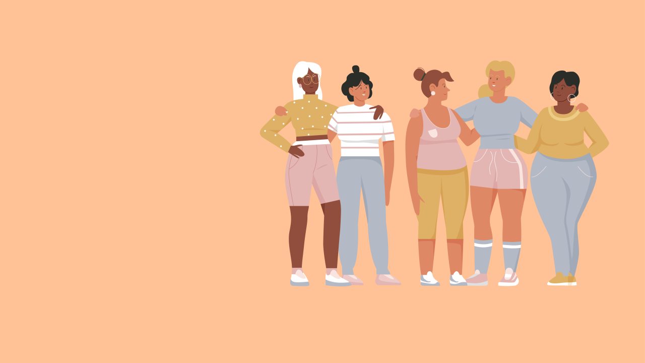 Illustrasjon av en venninnegjeng som holder rundt hverandre.