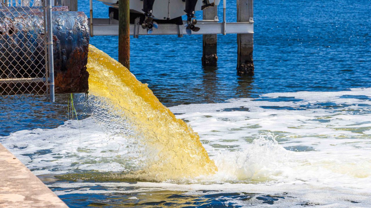 Vi ser et kloakkrør der gult vann fosser ut i Oslofjorden.
